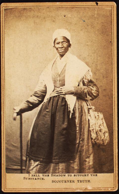 Sepia portrait of an african american woman holding a bag with a sash, with the caption "I sell the shadow to support the substance, Soujourner Truth".