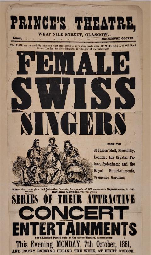 Broadside that says in big font, "Female Swiss Signers. Series of their Attractive Concert Entertainments. This evening Monday, 7th October, 1861"
