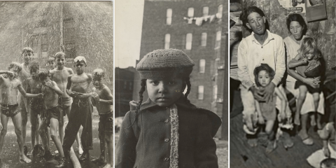Photo on the left, a group of children under a sprinkler. In the middle picture, a young girl is looking directly at the camera. A building is behind her. On the right side, two adults are sitting with two young children. A child is standing in front of each person.  