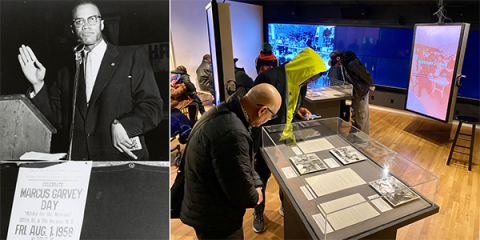 An archival image of Malcom X standing at a podium is on the left. On the right, there is a person looking at a glass display case with materials from the collections.